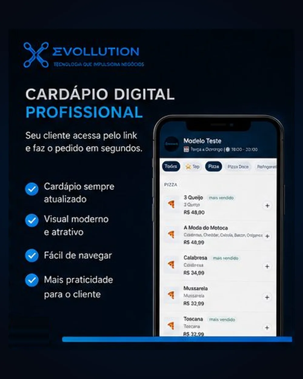 Card 01 — Cardápio Digital Profissional: cliente acessa o link e faz pedido em segundos, com cardápio moderno e sempre atualizado.