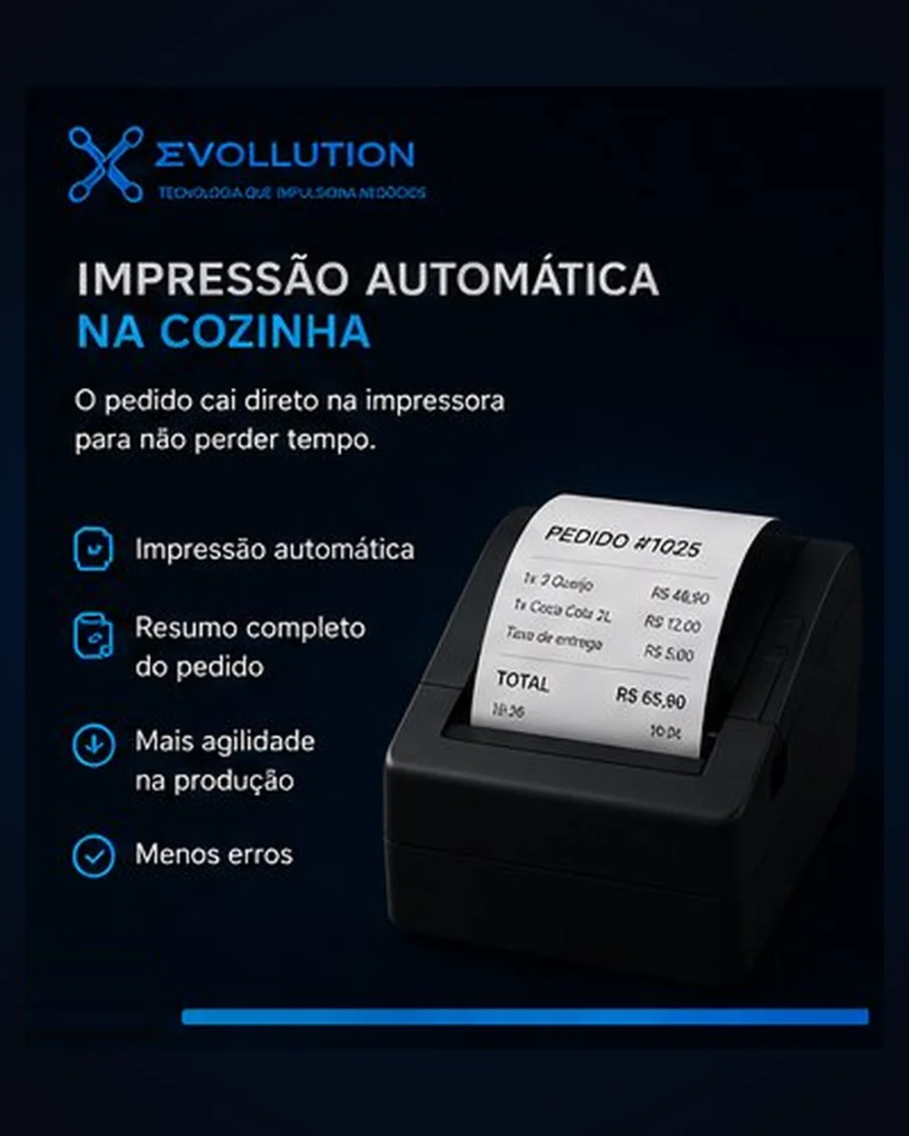 Card 03 — Impressão Automática na Cozinha: pedido é impresso na impressora térmica e a cozinha começa a preparar na hora.